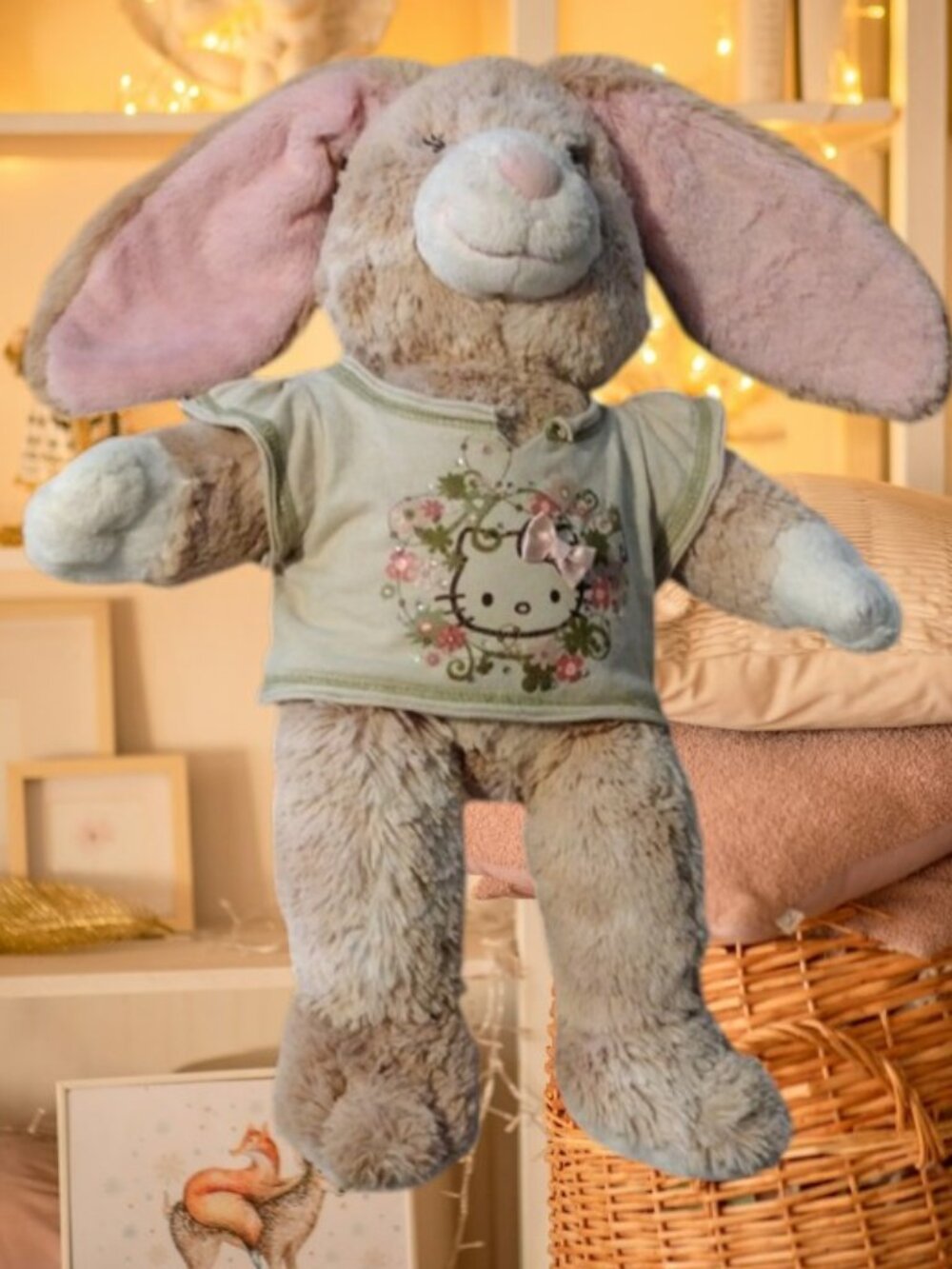 Retired Unique Beige Build A Bear Workshop Bunny Plush in Hello Kitty Shirt